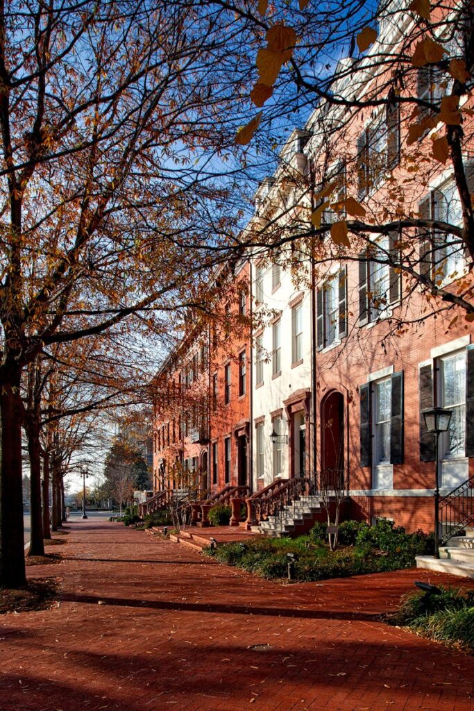 Elegant row houses line a tree-shaded street in Washington DC during autumn.