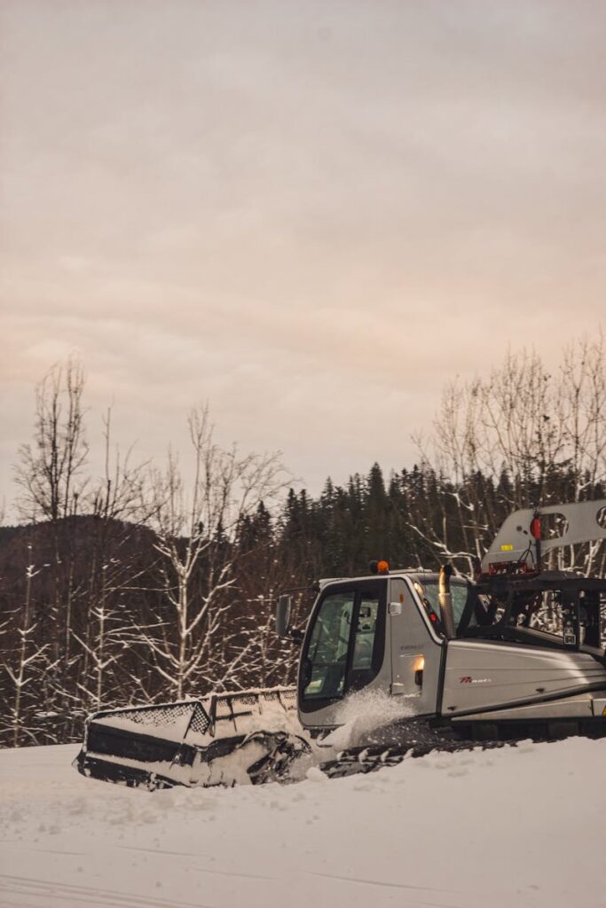 A snow groomer clearing snow in a winter forest setting at dusk.