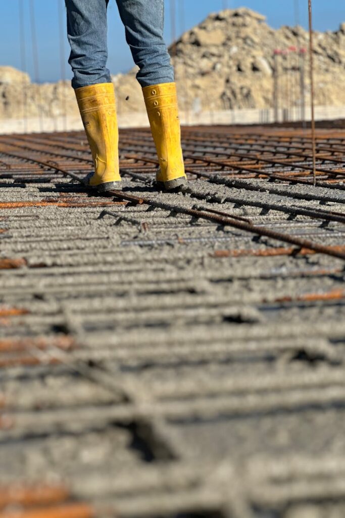 Close-up of a worker standing on a concrete slab with rebar, wearing yellow boots.