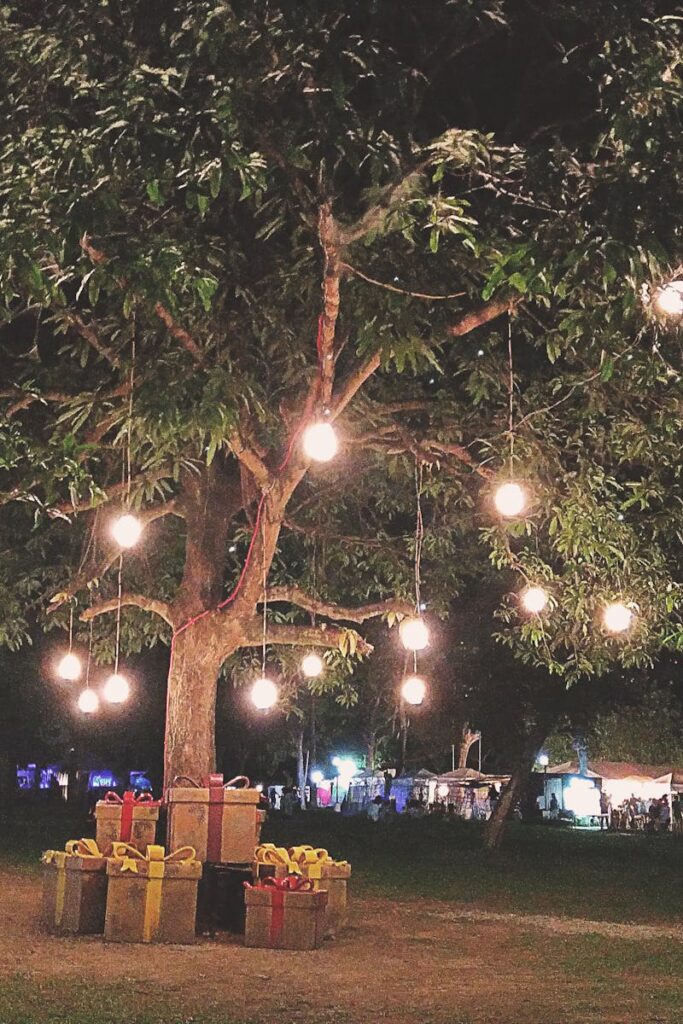 Glowing tree with hanging lights and gifts underneath in a Cebu City park at night.